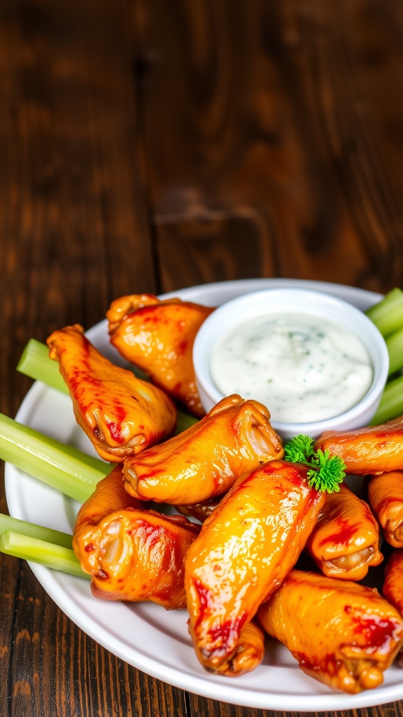Crispy chicken wings served with celery and blue cheese dressing on a rustic wooden table.
